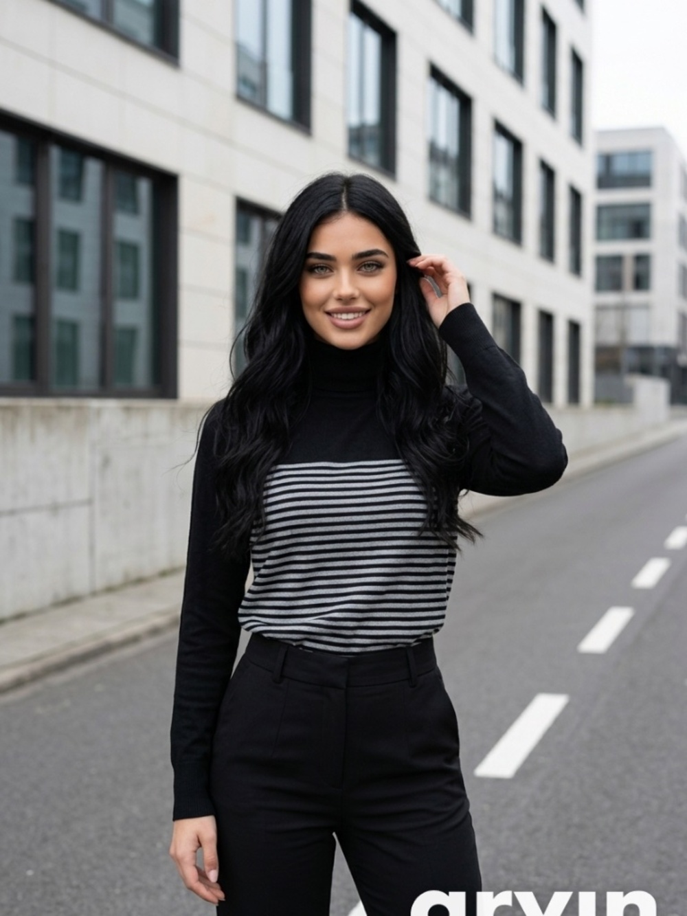 DKNY Turtleneck Sweater Long-Sleeves Knit Top, Black w/ Silver Stripes Sz. XS